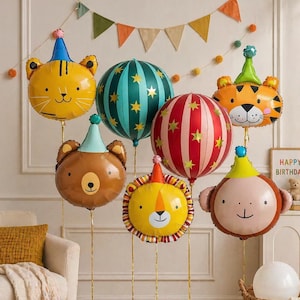 Cirkusdjursballonger, födelsedagsfestdekor, björn, tiger, lejon, apa folieballonger, barndekor, zoo-tema dekoration