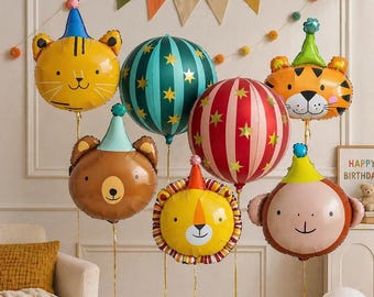 サーカス動物バルーン、誕生日パーティー装飾、クマ、トラ、ライオン、サルのホイルバルーン、子供向けデザイン装飾、動物園テーマ装飾