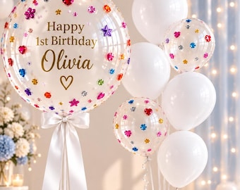 Personalized Bobo Balloon Set with Rhinestones, Custom Birthday Balloon, White Clear Balloon Bouquet, Birthday Party Decor