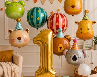 Circusdierenballonnen, verjaardagsfeestdecoratie, folieballonnen met beer, kikker, giraffe en koala, kinderdecoratie, dierentuinthema decoratie