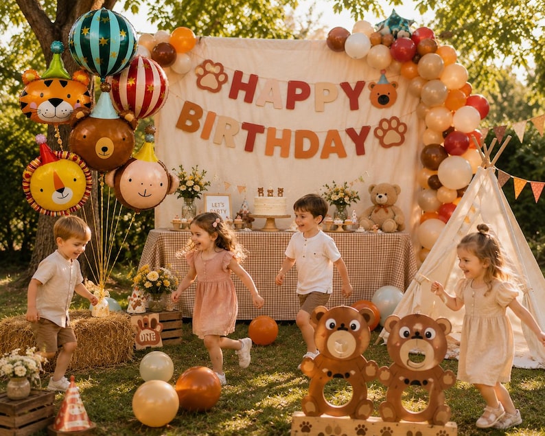 May include: A festive outdoor birthday party scene with children playing. Colorful balloons shaped like animals and a "Happy Birthday" banner decorate the area. A teepee and teddy bears add to the celebratory atmosphere.