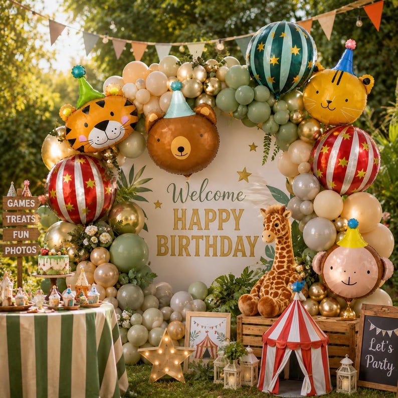 May include: A festive birthday party scene with balloons, a welcome sign, and a circus tent. The balloons include animal shapes like a tiger, bear, and monkey. The sign reads "Welcome Happy Birthday". A table is set with treats.