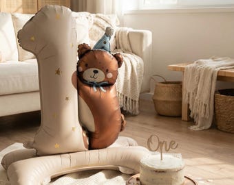 Bear first birthday decor, bear balloon, bear birthday party,  bear number balloon, boho first birthday