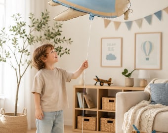 Blauwe vliegtuigfolieballon, decor reisfeest, babyshower luchtvaart