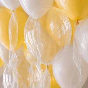 May include: A collection of round balloons in shades of white, yellow, and clear, each tied with a long, translucent white ribbon that twists downward. The balloons are clustered together, creating a layered effect with varying levels of opacity.