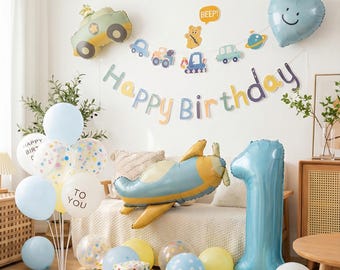 Boy First Birthday Balloon Set, Transportation Theme Balloons, Number 1 Balloon, Airplane Car Balloons, 1st Birthday Decor