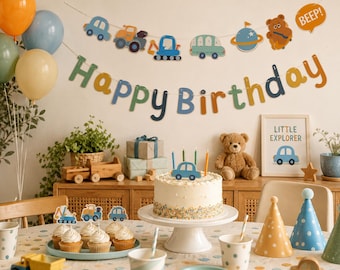 Transportation Happy Birthday Banner, Car Birthday Garland, Truck & Space Theme Party Decor, Boys Birthday Banner, Vehicle Birthday Decorati