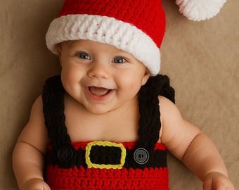 Crochet Baby Santa Outfit • Handmade Christmas Newborn Set • Santa Hat and Suspender Shorts • Holiday Baby Photoshoot Costume