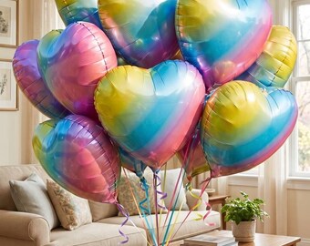 Rainbow Heart Balloons Set of 10, Iridescent Heart Balloons, Birthday Party Decor, Colorful Foil Balloons, Celebration Decor