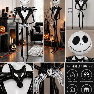 Puede incluir: Una figura de globo de Jack Skellington de 183 cm de altura con una cabeza redonda blanca con rasgos faciales negros, un traje a rayas negro, una pajarita en forma de murci&eacute;lago y manos esquel&eacute;ticas blancas, de pie con extremidades largas y finas.