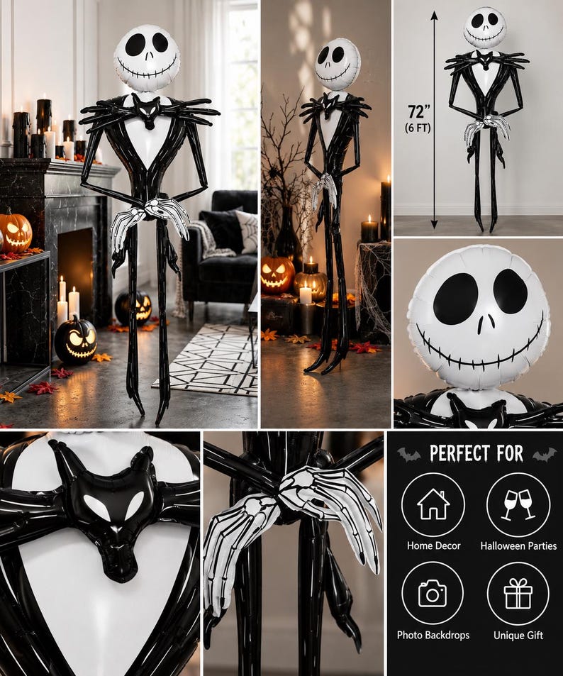 Puede incluir: Una figura de globo de Jack Skellington de 183 cm de altura con una cabeza redonda blanca con rasgos faciales negros, un traje a rayas negro, una pajarita en forma de murci&eacute;lago y manos esquel&eacute;ticas blancas, de pie con extremidades largas y finas.