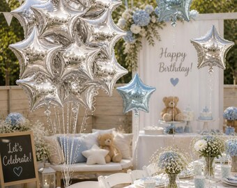 Silver Star Foil Balloon set of 10, Metallic Party Photo Prop Decor