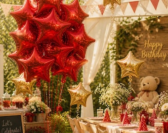 Red Star Foil Balloon set of 10, Metallic Party Decor, Birthday, Baby Shower (Photo Prop)