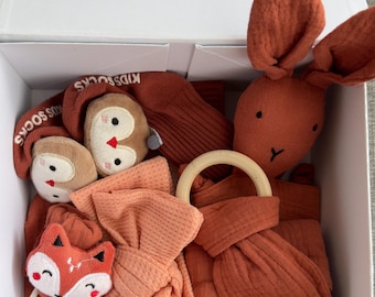 Handmade Baby Gift Set • Fox & Bunny Theme, Terracotta Newborn Essentials