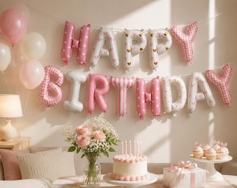Roze gelukkige verjaardag folieballonbanner, flirt verjaardagsballonnen, girly feestdecor, roze verjaardagsbanner, leuke verjaardagsversieringen