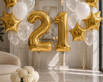 Goldene Geburtstagsballons, goldene Zahlenballons, Set aus weißen und transparenten Ballons, Deko zum 21. Geburtstag, luxuriöse Partydekoration