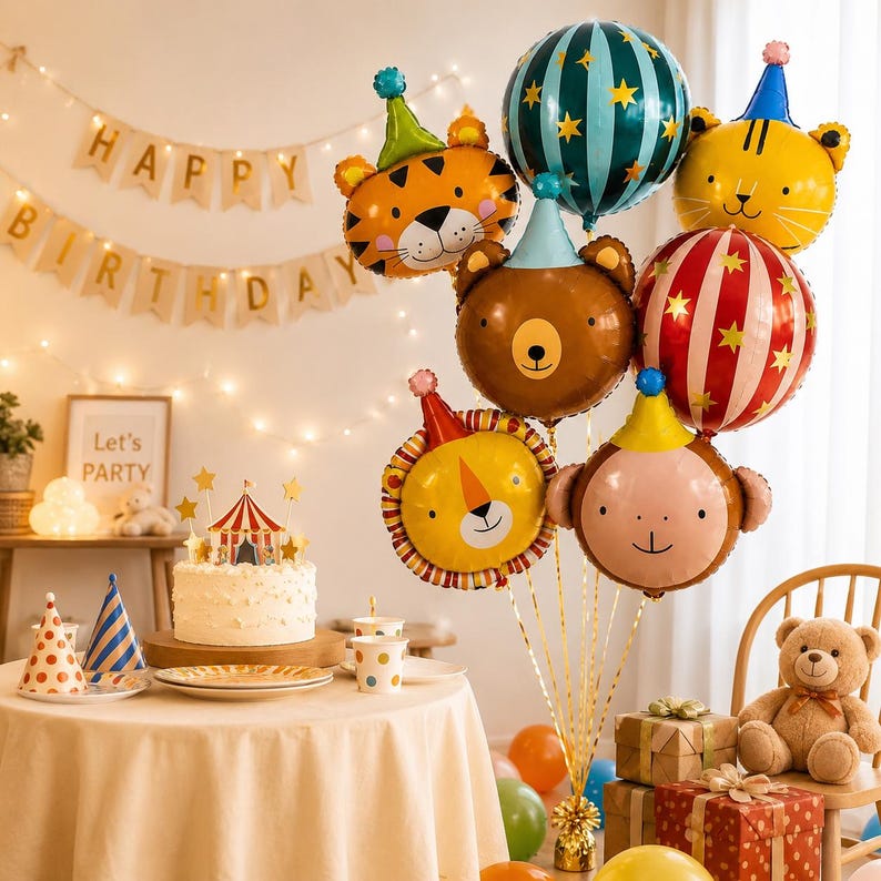 May include: A festive birthday scene with animal-shaped balloons, including a tiger, bear, lion, and monkey, alongside a striped balloon. A cake with a circus tent topper sits on a table with party hats and a banner that says "Happy Birthday."