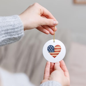 Patriotic Heart Ceramic Ornament, USA Decor, Americana Ornament, Independence Day Decoration, Gift for Veterans, Memorial Day