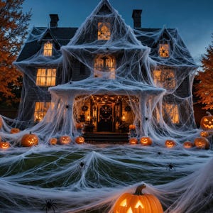 Puede incluir: Una casa grande de varios pisos cubierta con densas telarañas blancas, con calabazas de Halloween naranjas brillantes en el césped y el porche. Las ventanas emiten una luz amarilla cálida y numerosas decoraciones de arañas negras cubren las telarañas.