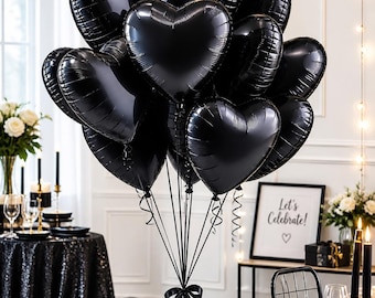 Black Heart Balloons Set of 10, Black Party Balloons, Gothic Birthday Decor, Elegant Event Balloons, Foil Heart Balloons