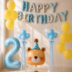 Doppellagige Bubble-Ballon-Geburtstagsdekoration, Ballon-Set für Jungengeburtstag, Happy Birthday-Banner, Teddybär-Ballon, Zahlenballon