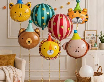 Circus Animal Balloons, Birthday Party Decor, Bear, Tiger, Lion, Monkey foil Balloons, Kids Design Decor, Zoo Theme Decoration