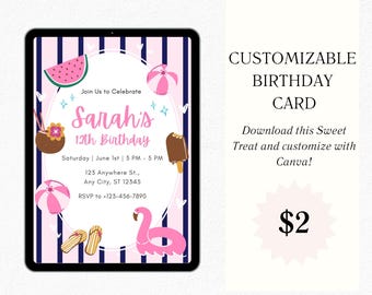 Customizable Social Media / Reels / Instagram Beach & Pool Party Birthday Card Invitation Downloadable