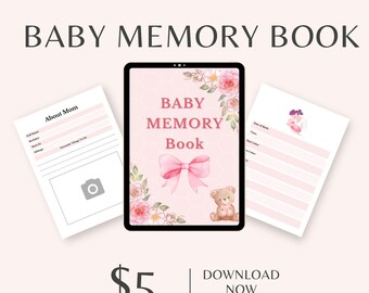 Baby Memory Book for New Mothers Downloadable 64 Page PDF eBook for Printing, iPhone, Ipad, Mac, or Android