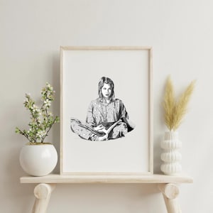 May include: Black and white illustration of a woman sitting with her legs crossed, wearing pajamas with a pattern of small white shapes. She is looking at the viewer with a serious expression.