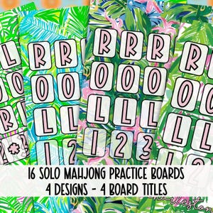 Könnte beinhalten: Eine Sammlung von 16 Solo-Mahjong-Übungsboards mit vier Designs. Jedes Board hat einen floralen Hintergrund mit rosa und schwarzen Buchstaben und Zahlen. Der Text "16 SOLO MAHJONG PRACTICE BOARDS 4 DESIGNS - 4 BOARD TITLES" ist sichtbar.