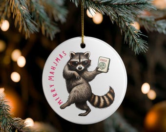 Merry Mahj-Mas Ornament, Funny Raccoon Mahjong Christmas Ornament, Feral Mahjong Gift, Mahj Player Gift, Mahjong Friend, FREE Gift Boxt