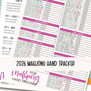 Könnte beinhalten: Ein 2026 Mahjong Hand Tracker mit rosa Akzenten. Der Tracker hat ein Rasterlayout mit nummerierten Abschnitten zur Aufzeichnung von Händen. Der Titel "2026 Mahjong Hand Tracker" wird prominent angezeigt. Anweisungen und Beispiele sind ebenfalls enthalten.