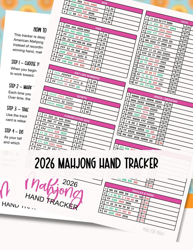 May include: A 2026 Mahjong Hand Tracker with pink accents. The tracker features a grid layout with numbered sections for recording hands. The title "2026 Mahjong Hand Tracker" is displayed prominently. Instructions and examples are also included.