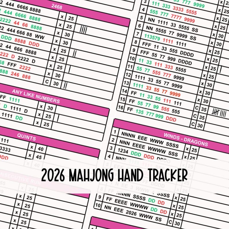 May include: A pink and white 2026 Mahjong Hand Tracker with a grid layout. The tracker includes sections for numbers, winds, and dragons, with columns for tracking hands. The text "2026 Mahjong Hand Tracker" is at the bottom.
