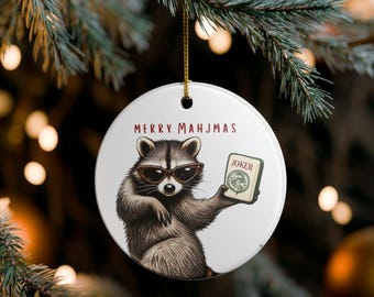 Merry Mahj-Mas Ornament, Funny Raccoon Mahjong Christmas Ornament, Feral Mahjong Gift, Mahj Player Gift, Mahjong Friend, FREE Gift Boxt