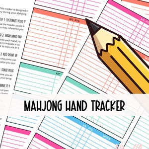 May include: A Mahjong Hand Tracker with a pencil illustration. The tracker features a grid layout with pink, orange, teal, and blue colour-coded sections for tracking scores and wins. The text "MAHJONG HAND TRACKER" is prominently displayed.