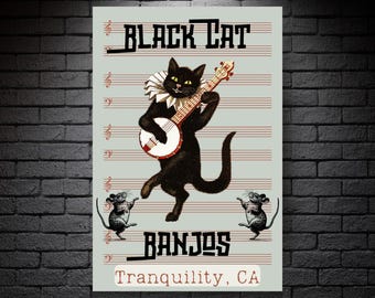 Satin Poster, Vintage-Inspired Black Cat Playing Banjo Music Sheet Print, Wall Art Decor, Gift for Music Lovers, Cat Owner