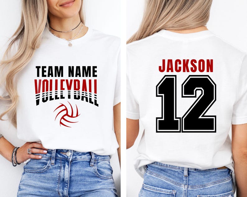 May include: White t-shirt with "TEAM NAME VOLLEYBALL" text in black and red, and a volleyball graphic. The back of the shirt displays "JACKSON 12" in red and black. The shirt is worn with blue jeans.