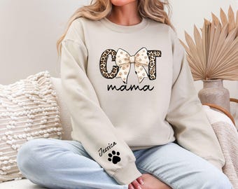 Personalized Cat Mama Coquette Bow Sweatshirt with Cat Name, Cat Mom Sweater, Custom Leopard Cat Mom Hoodie ,Mothers Day Gift,Cat Lover Gift