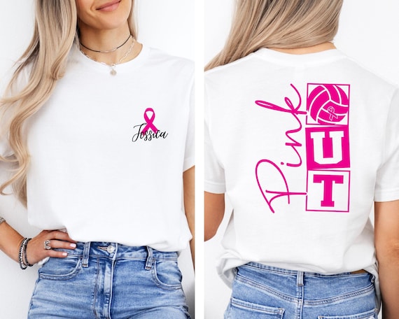 Custom Breast Cancer Volleyball T-Shirt With Name, Pink out Volleyball T-Shirt, Breast Cancer Shirt, Pink Ribbon Shirt,Volleyball Lover Gift