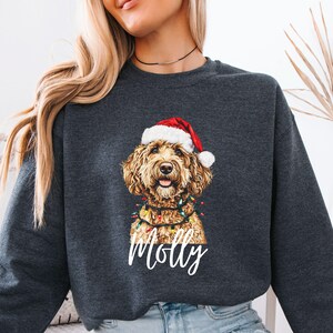 Pu&ograve; includere: Felpa grigio scuro con un cane che indossa un cappello da Babbo Natale e luci natalizie. Il nome del cane, "Molly", &egrave; scritto in bianco sotto. La felpa &egrave; uno stile comodo e casual.