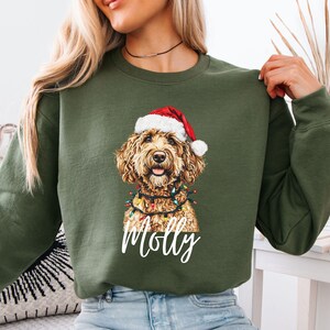 Pu&ograve; includere: Felpa verde oliva con un motivo festivo a forma di cane. Il cane indossa un cappello da Babbo Natale e luci natalizie. Il nome "Molly" &egrave; scritto in bianco. La felpa ha un girocollo e maniche lunghe.