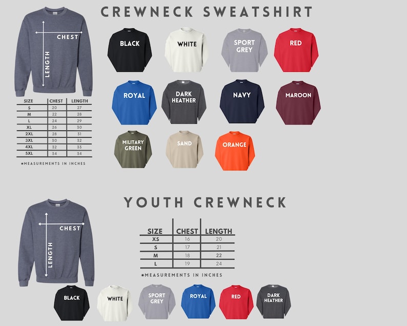 May include: A product image showcasing a variety of crewneck sweatshirts in different colors, including black, white, red, and navy. The image also displays a size chart with chest and length measurements in inches for both adult and youth sizes. The text "CREWNECK SWEATSHIRT" and "YOUTH CREWNECK" are visible.