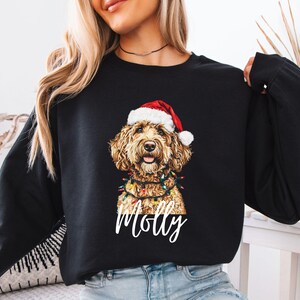 Pu&ograve; includere: Felpa nera con un cane golden doodle con cappello da Babbo Natale e luci a catena. Il nome del cane, "Molly", &egrave; scritto in bianco sotto. Un design festivo per le vacanze.