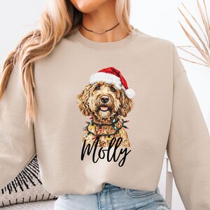Pu&ograve; includere: Felpa beige con grafica di un cane con cappello di Babbo Natale e luci natalizie. Il nome del cane, "Molly", &egrave; scritto in nero sotto l'immagine. La felpa &egrave; di colore neutro, adatta all'abbigliamento casual.