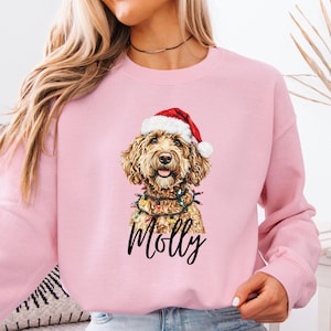 Pu&ograve; includere: Una felpa rosa chiaro con un cane che indossa un cappello di Babbo Natale e luci a catena. Il nome del cane, "Molly", &egrave; scritto in corsivo nero sotto l'immagine. La felpa &egrave; realizzata in un materiale morbido.
