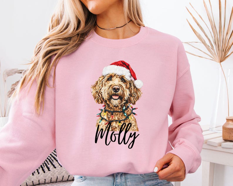 Pu&ograve; includere: Una felpa rosa chiaro con un cane che indossa un cappello di Babbo Natale e luci a catena. Il nome del cane, "Molly", &egrave; scritto in corsivo nero sotto l'immagine. La felpa &egrave; realizzata in un materiale morbido.