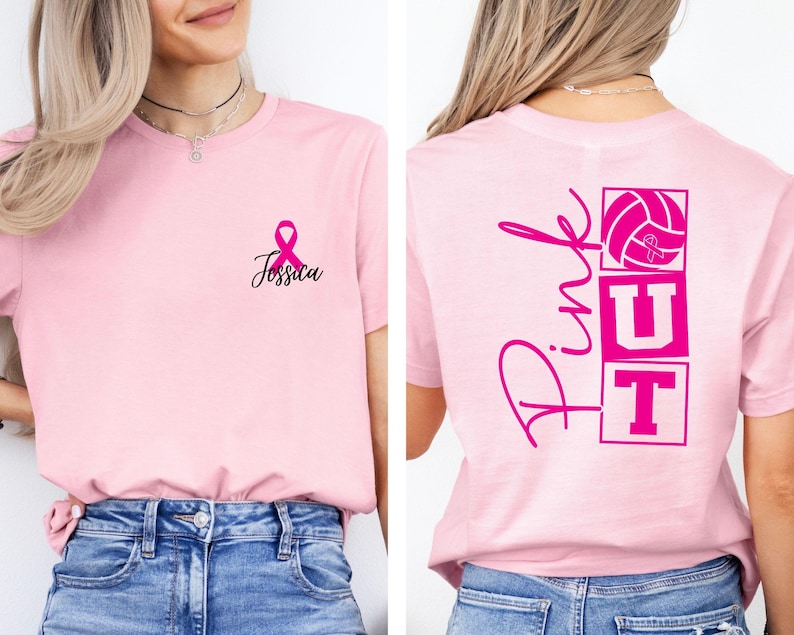 May include: Pink t-shirt with a pink ribbon and the name "Jessica" in black script. The back of the shirt features the word "Pink" in script, along with a volleyball and the letters "UT" in pink.