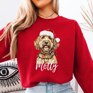 Pu&ograve; includere: Una felpa rossa con l'illustrazione di un cane festoso. Il cane, con un cappello da Babbo Natale e luci natalizie, ha il nome "Molly" scritto sotto. La felpa &egrave; di colore rosso pieno.