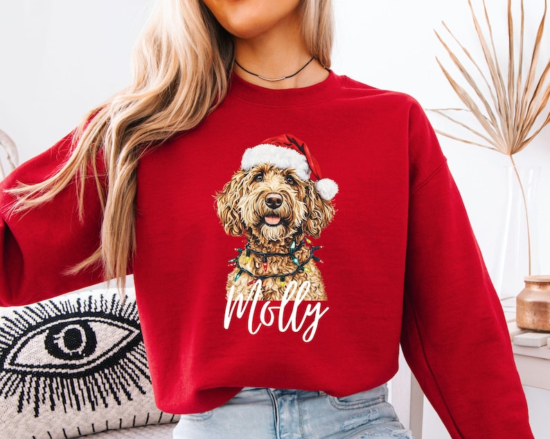 Pu&ograve; includere: Una felpa rossa con l'illustrazione di un cane festoso. Il cane, con un cappello da Babbo Natale e luci natalizie, ha il nome "Molly" scritto sotto. La felpa &egrave; di colore rosso pieno.